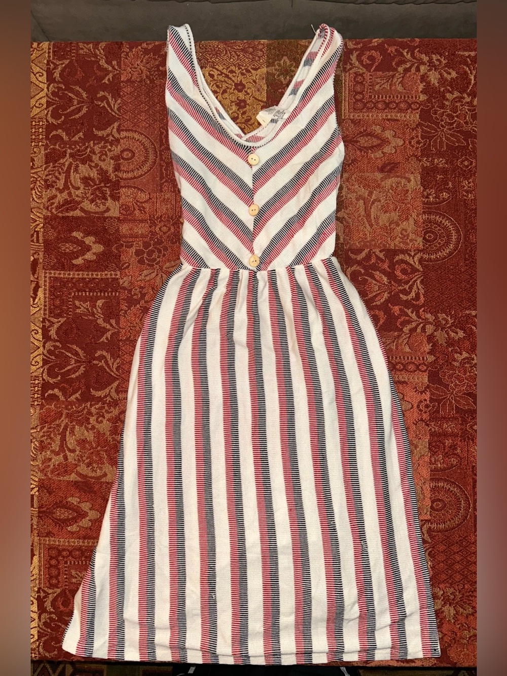 Caution To The Wind Striped Midi Dress in White, Navy & Red